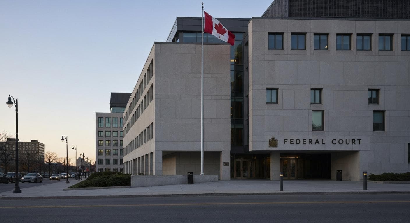 The exterior of the Federal Court building, with a Canadian flag flying in front of it.