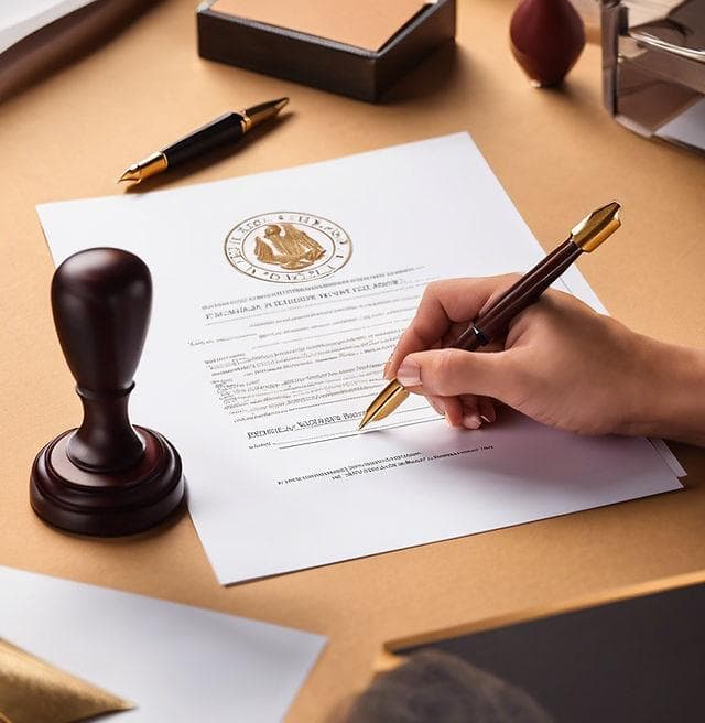 A hand signing a notarised document with a fountain pen, beside a wooden notary seal stamp.