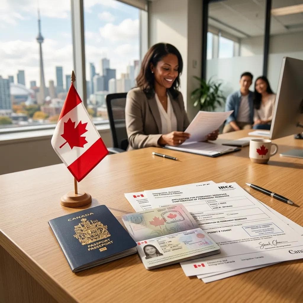 A Canadian flag, passport and permanent resident card on a desk beside an immigration application form, with a consultant reviewing documents in the background.
