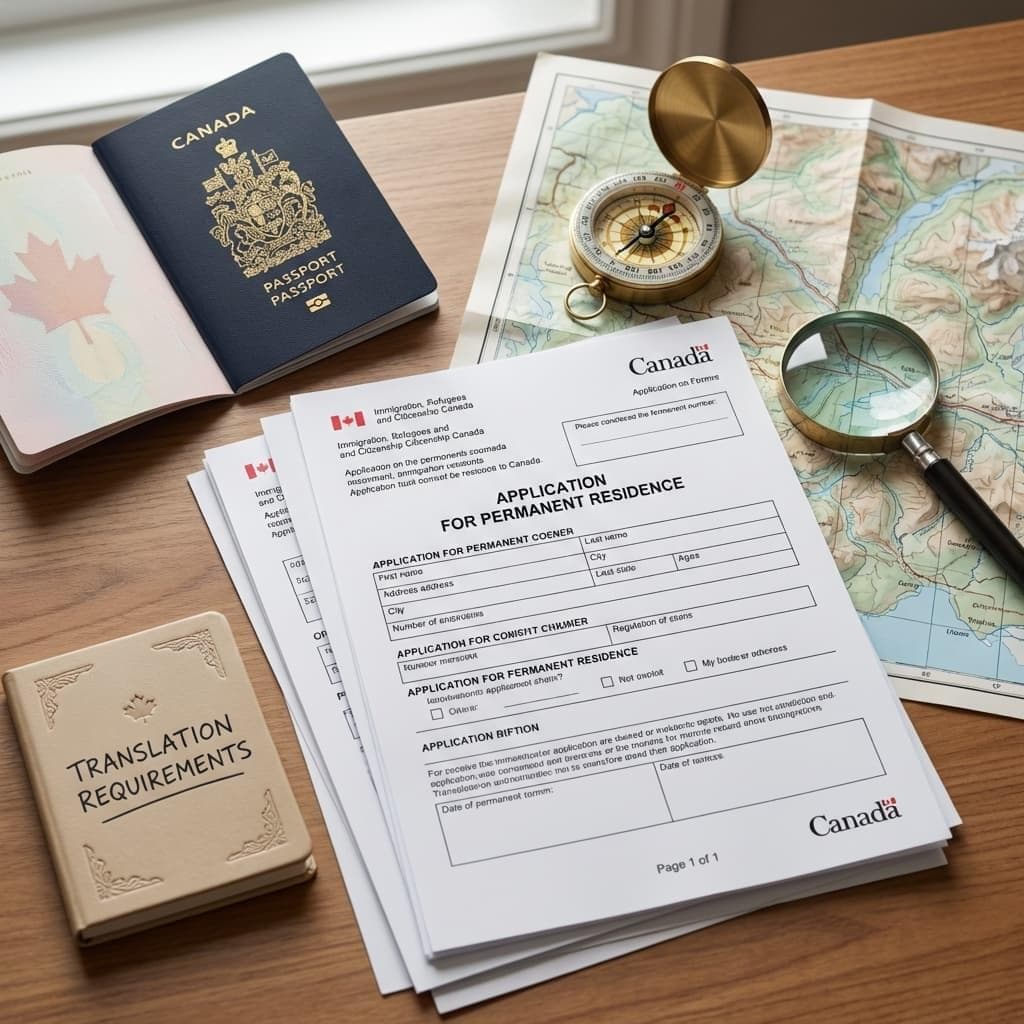 A passport, an application form, a translation requirements booklet, a folded map and a magnifying glass arranged on a desk.